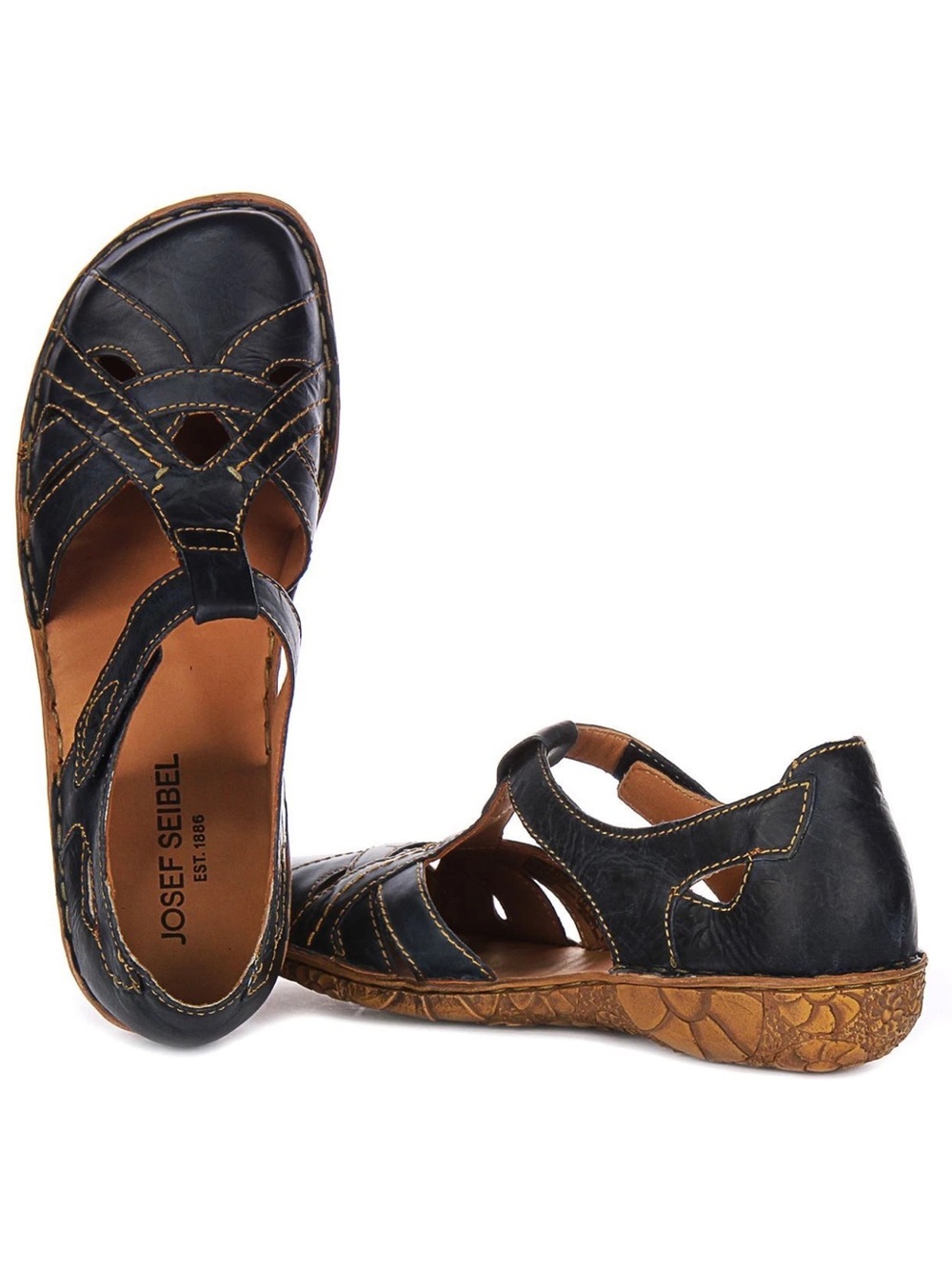 Josef Seibel Black Leather Comfort Sandals with Tan Sole Size 37 or 6.5